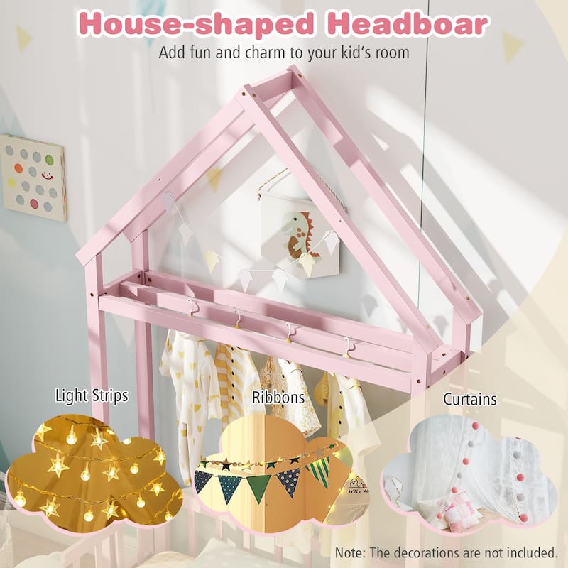 Montessori Twin Size Floor Bed Frame with Guardrails and House Shaped Headboard for Kids Bedroom