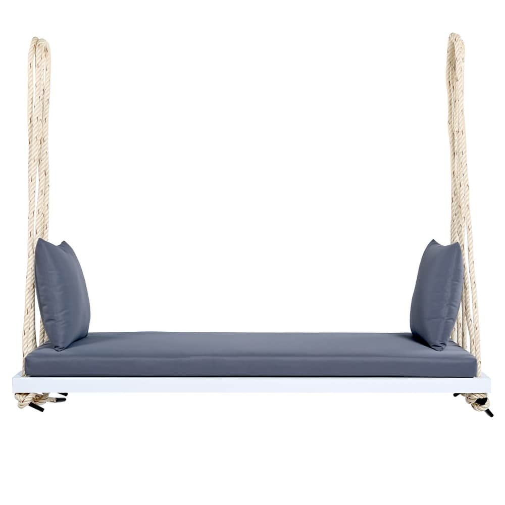 Acacia Wood Swing Chair, Hanging Porch Bench with Cushion & Pillows, 400lb Capacity & 10.8ft Ropes