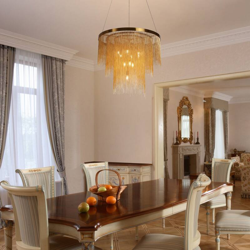 Mid-Century Modern 10-Light Tierd Gold Fringe Chandeliers for Dining Room - Dia. 31.5" x H 27.5"