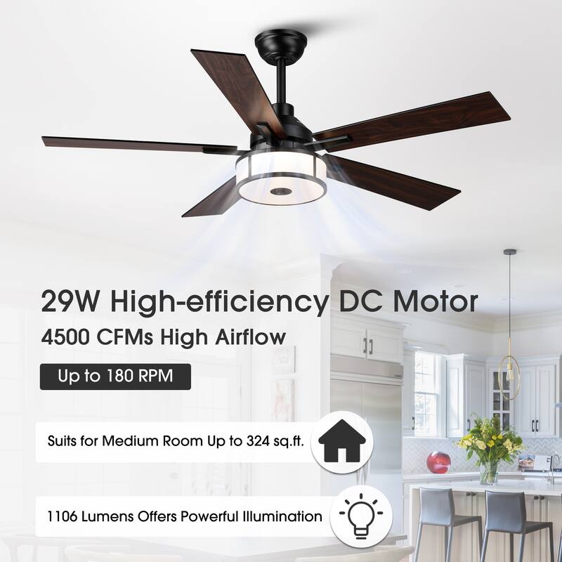 52" Modern Black Reversible Dimmable Integrated LED Ceiling Fan with Light and Remote - 52" W x 52" D x 17.72" H