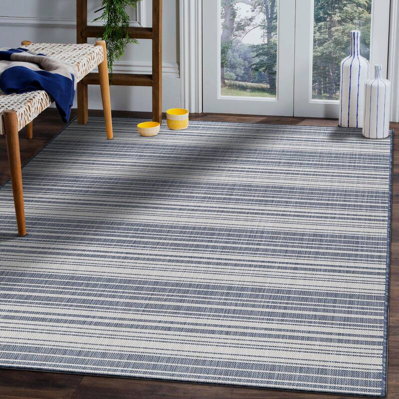 Beverly Rug Blue Striped Indoor Outdoor Rug, Outside Carpet for Patio, Deck, Porch