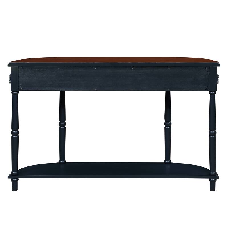 Anmytek Retro Curved Wood Console Table, Navy Blue Wood Top Solid Wood Entry Table with Open Shelf and 2 Drawers