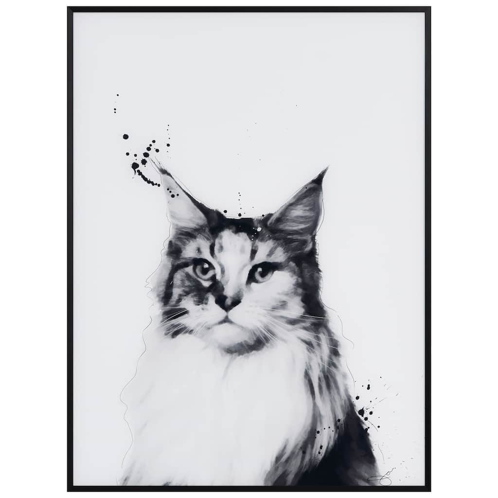 "Siberian Cat" Black and White Pet Portraits on Reverse Printed Art Glass, Minimally Encased on Black Anodized Aluminum Frame