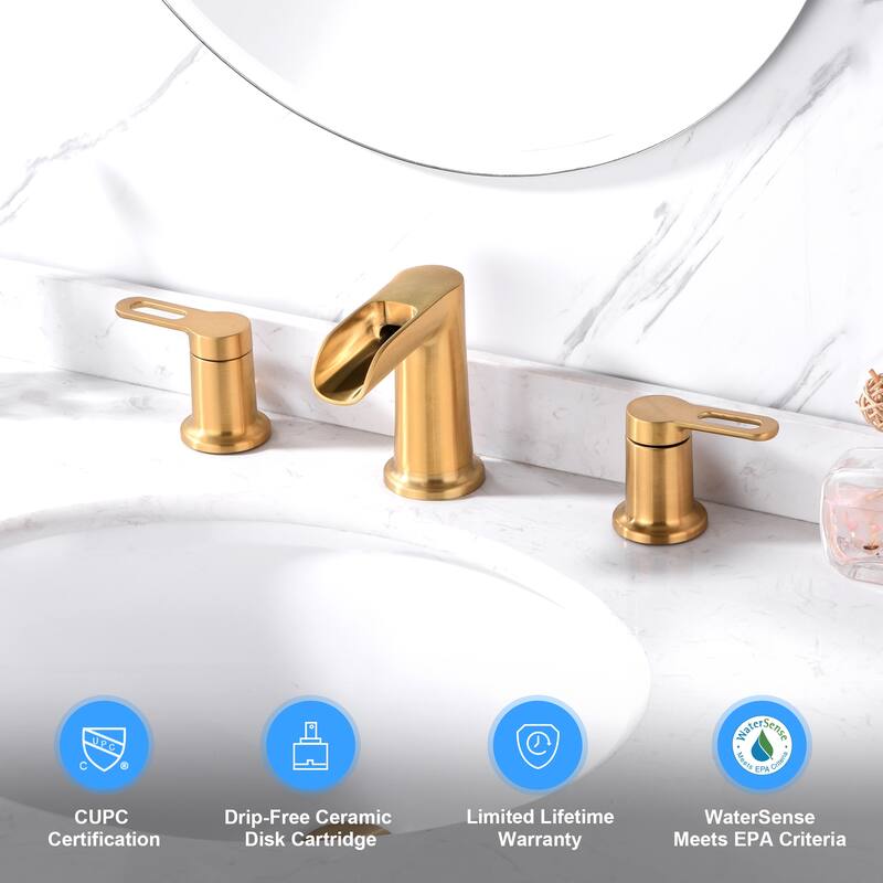 Luxier VividFall 8 in. Widespread 2-Handle Bathroom Faucet with Drain - Brushed Gold