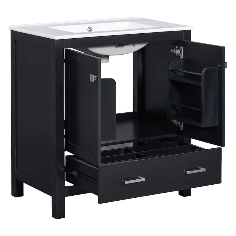 60 Inch Bathroom Vanity with Double Ceramic Sinks, 4 Doors, 2 Drawers, and Divided Storage - Freestanding Design