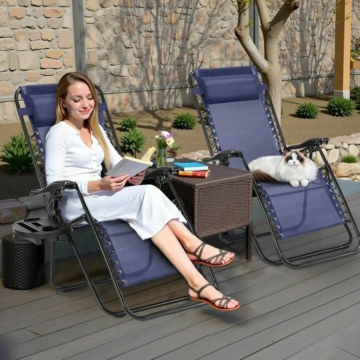 Set of 2 Folding Reclining Lounge Chair, Outdoor Zero Gravity Recliner W/Side Tray & Detachable Headrest Pillow