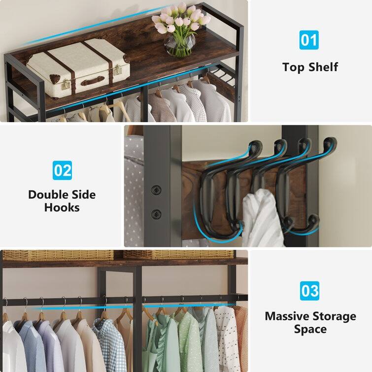 Freestanding Open Wardrobe Closet, Heavy Duty Garment Rack Closet Organizer, Rustic Brown