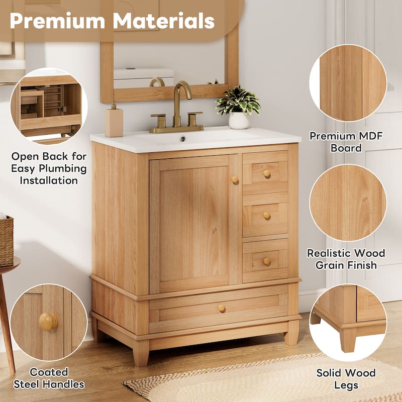 30" Bath Vanity with Sink - 3 Drawers, Door Shelf & Soft-Close Mechanism