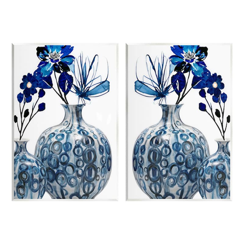 Stupell Bold Blue Ikebana Patterned Vase 2 Piece Wall Plaque Art Set by Jesse Keith - 10 x 15