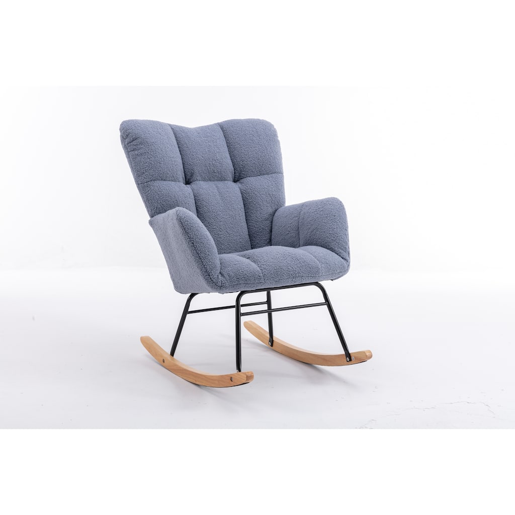 Nursery Chair Light Blue Teddy Cushioned Rocking Chair Fabric Rocking Glider Armrest Rocking Chair with Rocking Legs