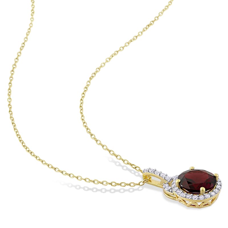 Miadora Yellow Plated Sterling Silver Garnet and White Topaz Birthstone Halo Drop Necklace - 20.2 mm x 18 inch x 11.6 mm
