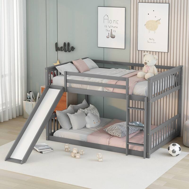 Durable Full Over Full Bunk Bed with Fun Slide and Ladder, Perfect for Kids, Sturdy Pinewood Frame, Easy Assembly, White/Grey