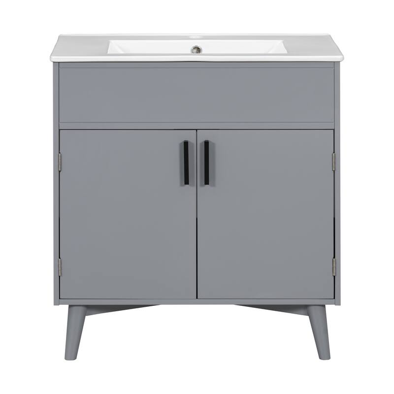 30" Wall-Mounted Bathroom Vanity with Double Door Storage, Solid Wood Frame, Space-Saving Design, Anti-Scratch Floor Mat