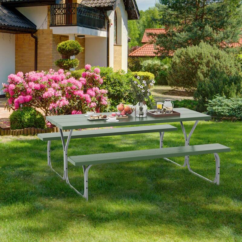 72 Inch 8-Person Outdoor Picnic Table and Bench Set with HDPE Wood-Texture Top and with Built-in Umbrella Hole