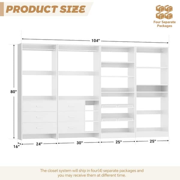 dimension image slide 1 of 3, Cimly Set of 4 Closet Organizer with Drawers and Shoe Rack, Freestanding Closet System with Hanging Rods