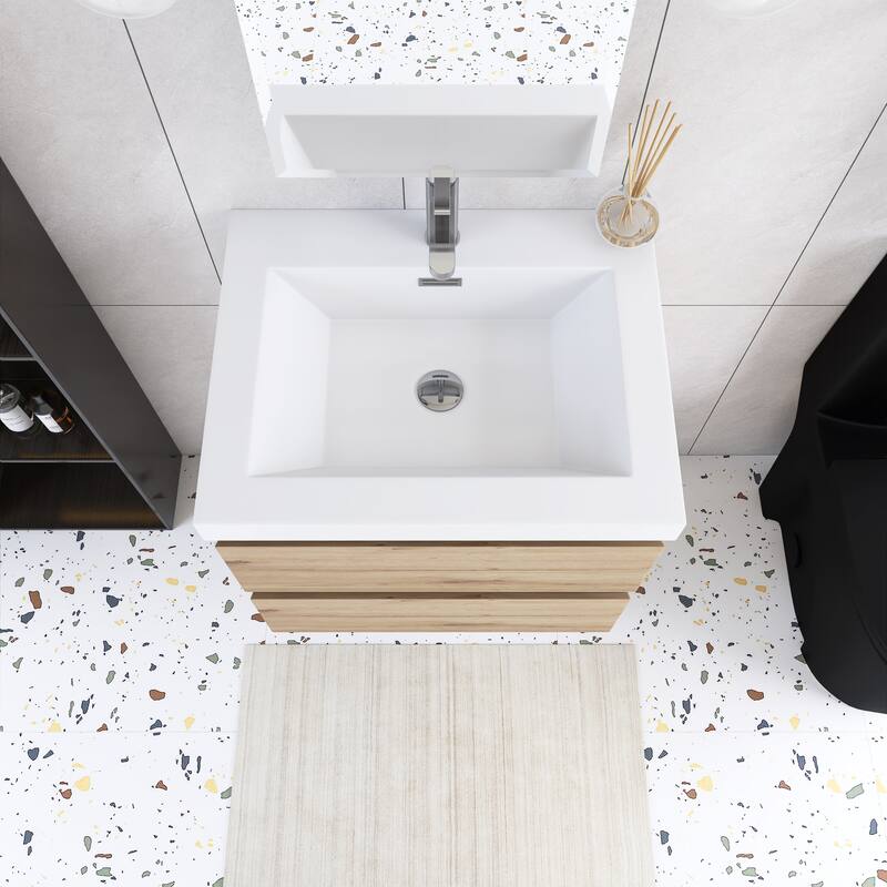 Angela Wall Mounted Bathroom Vanity in F. Oak with White Cultured Marble Top