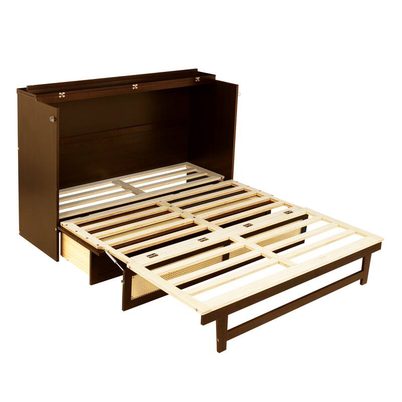 Queen Size Murphy Bed with Rattan Decoration and Drawer
