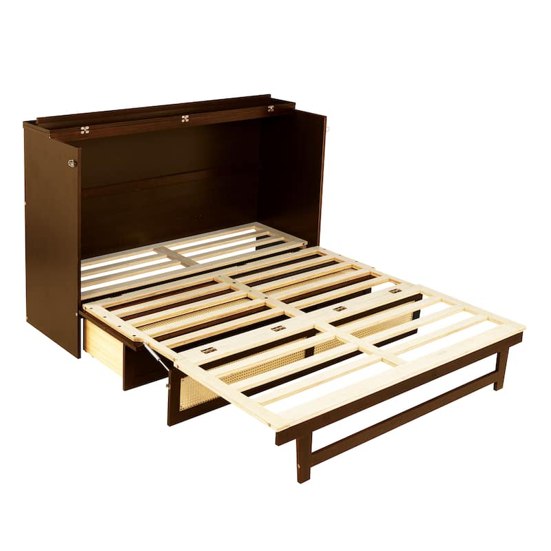 Queen Size Wall Murphy Bed, Pine Wood Foldable Cabinet Bed with Rattan Decoration and Storage Drawer, Wood Slats Support