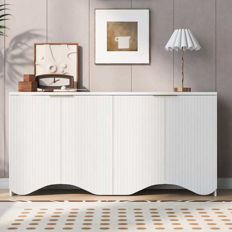 63-Inch Four-Door Storage Cabinet with Vertical Stripes and Wavy Design, Adjustable Shelves, MDF Construction, for Living Room