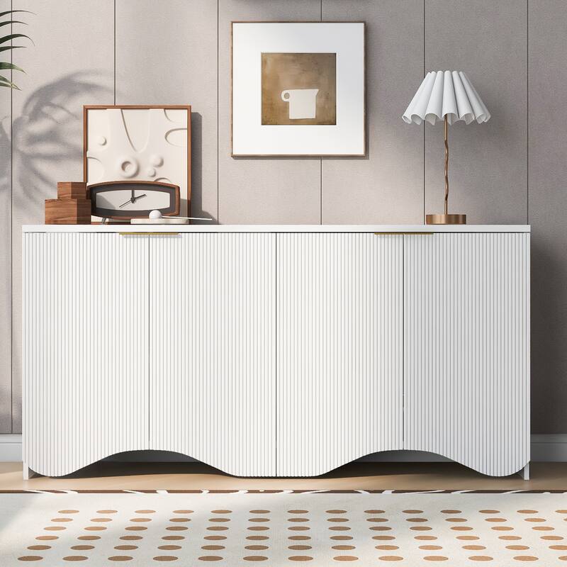Vertical Stripes & Wavy Storage Cabinet, Sideboard Buffet Cabinet Console Table with 4 Doors and Adjustable Shelving - White