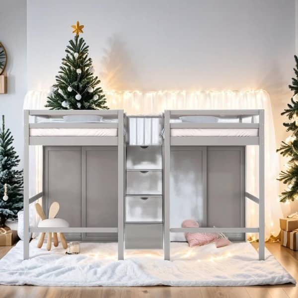 slide 2 of 24, Elegant Double Twin Loft Beds with Wardrobes and Staircase, Grey Grey