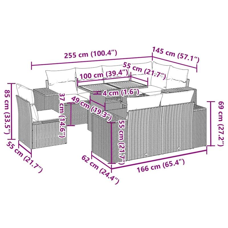 vidaXL Patio Sofa Set with Cushions Sofa Sections and Table 9 Piece Poly Rattan - 21.7 x 39.4 x 28.7
