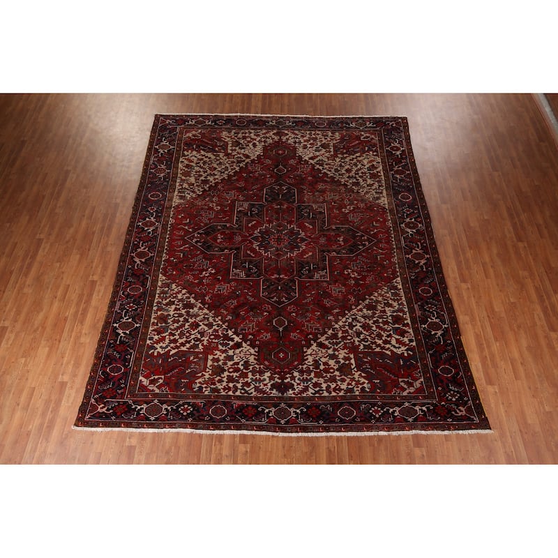 Geometric Heriz Vintage Persian Area Rug Hand-Knotted Wool Carpet - 10'4" x 12'9"