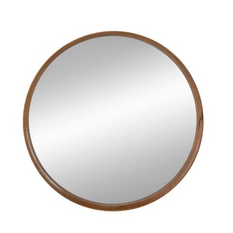 Roe 40 Inch Round Accent Mirror, Brown Pine Wood Frame, Wall Hung
