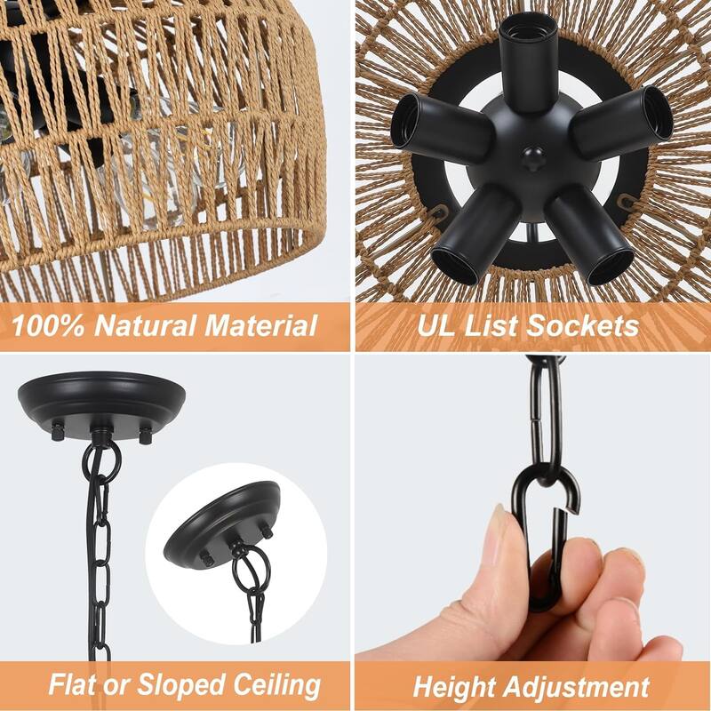 Large Farmhouse Chandeliers for Dining Room, 5-Light Rattan Chandelier Light Fixture with Wicker Lampshade