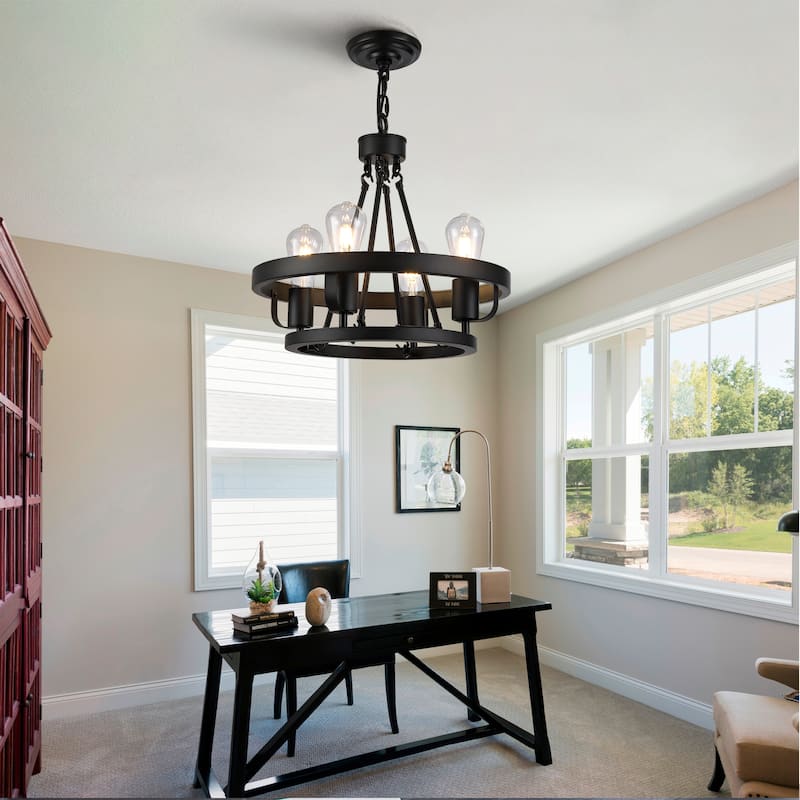 Four-Light Plug-In Pendant Lamp, Carriage Wheel Design, Circular Metal Pendant With 39.5-Foot Chain, For Bedrooms Dining Rooms