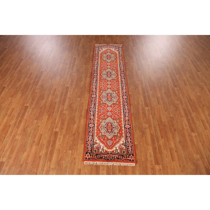 Geometric Heriz Serapi Indian Runner Rug Handmade Orange Wool Carpet - 2'5" x 9'11"