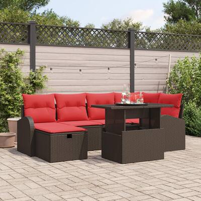 vidaXL 7 Garden Sofa Set with Cushions Black/Brown/Grey Poly Rattan - 92.1 x 48.8 x 27.2