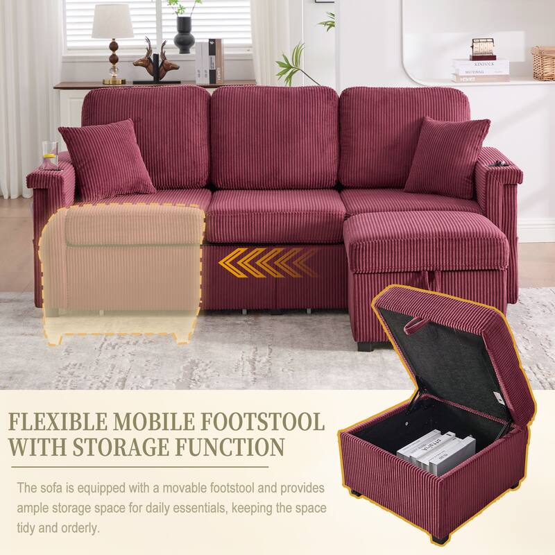HOMEFUN Corduroy Upholstered L-shaped Pull-Out Storage Sectional Sofa with Storage Ottoman,USB Charging,Cup Holder