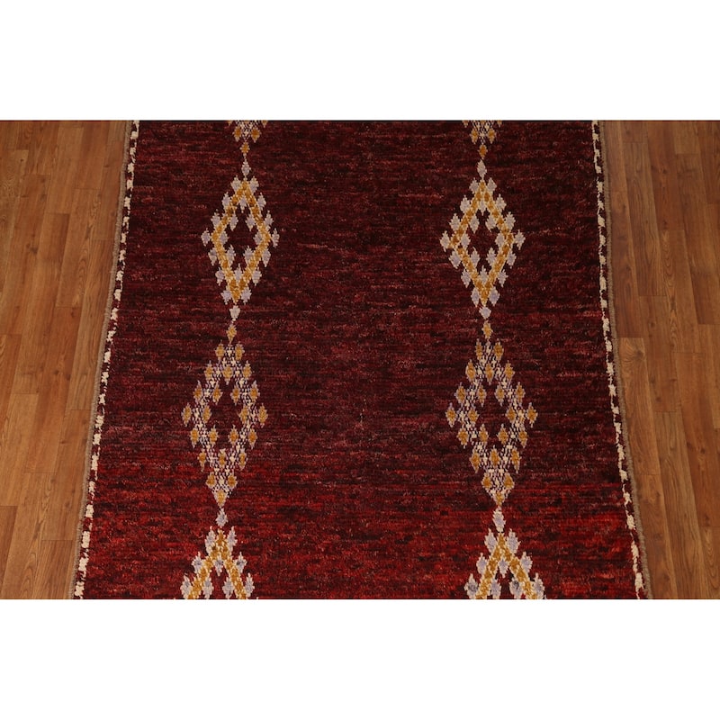 Hand Knotted Oriental 100% Wool Carpet Modern Tribal Red Moroccan Area Rug - 8' 3'' X 5' 3''