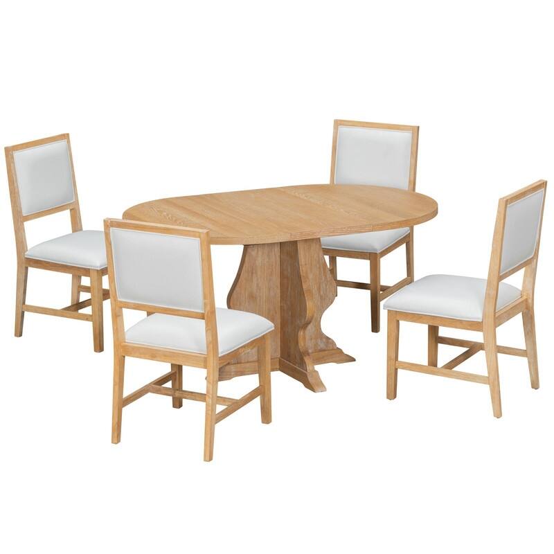 Farmhouse 5-Piece Dining Table Set with Upholstered Chairs and Extendable Dining Table for Dining Room, Kitchen and Living Room