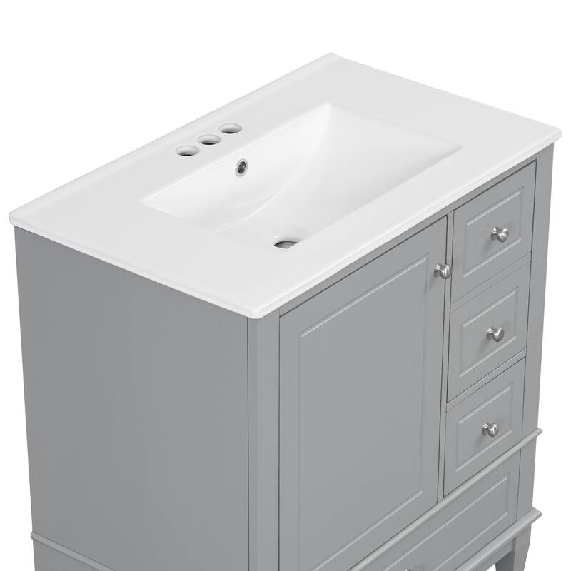 30" Bathroom Vanity w/Ceramic Sink and One-Door Shelf, Water-Resistant Wood One Cabinet Vanities w/ 3 Drawers & Soft Close Door