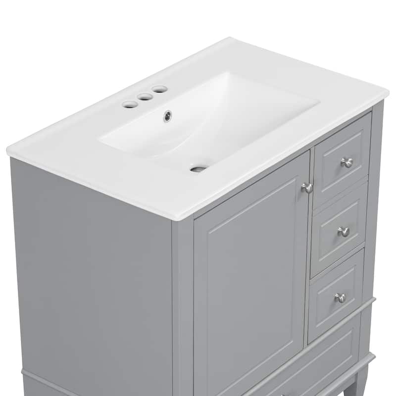 30" Bathroom Vanity with Sink, One Door with Shelf and Three Drawers, Soft Close Door, Grey