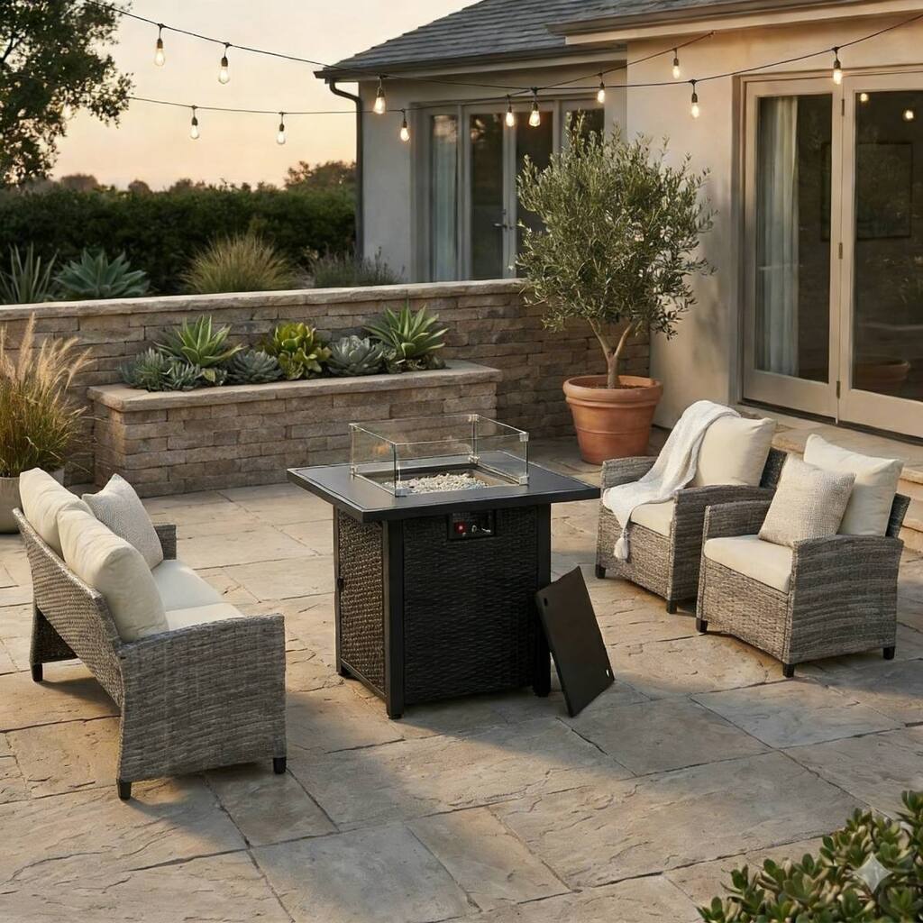 5-Piece Wicker Patio Conversation Set with Fire Pit - N/A