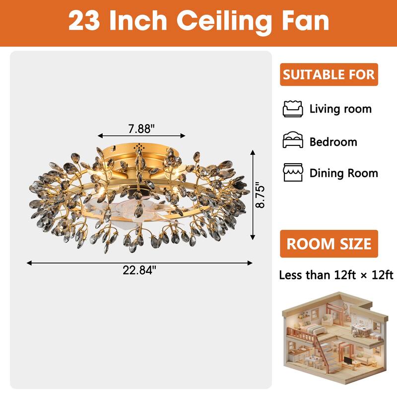 23" Modern Gold 4-Light Grey Crystal Low-Profile Flush Mount Ceiling Fan with Remote