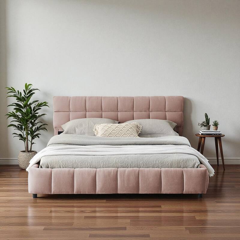 Queen Upholstered Platform Bed with Chenille Fabric, Soft Headboard & Underbed Storage Drawer, Solid Bed Frame