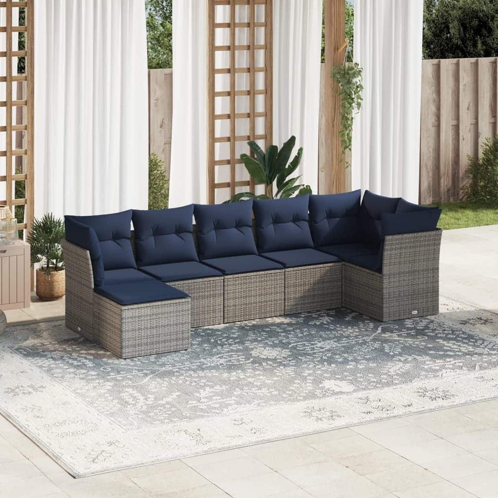 vidaXL 7/8 Piece Patio Sofa Set with Cushions Brown/Gray Poly Rattan - 21.7 x 24.4 x 27.2