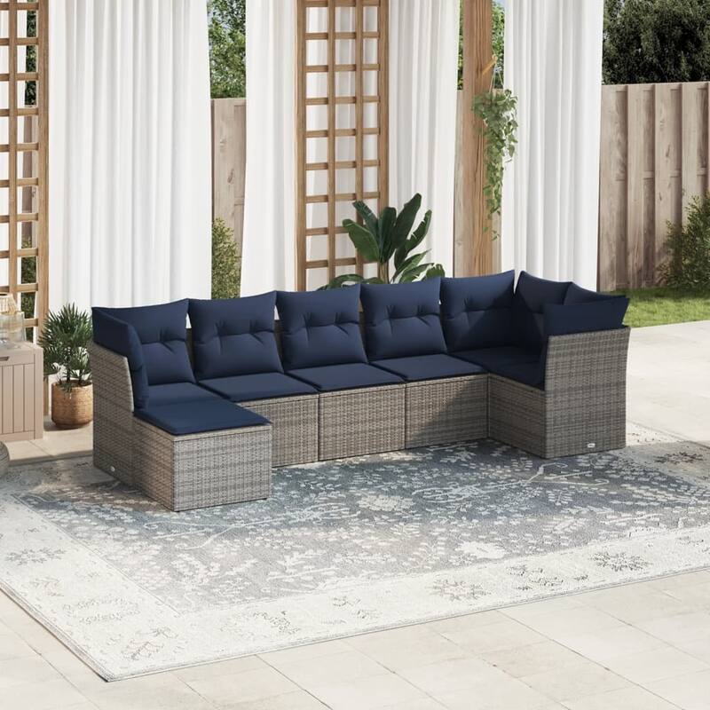 vidaXL 7/8 Piece Patio Sofa Set with Cushions Brown/Gray Poly Rattan - 21.7 x 24.4 x 27.2 - Beige and gray Without table