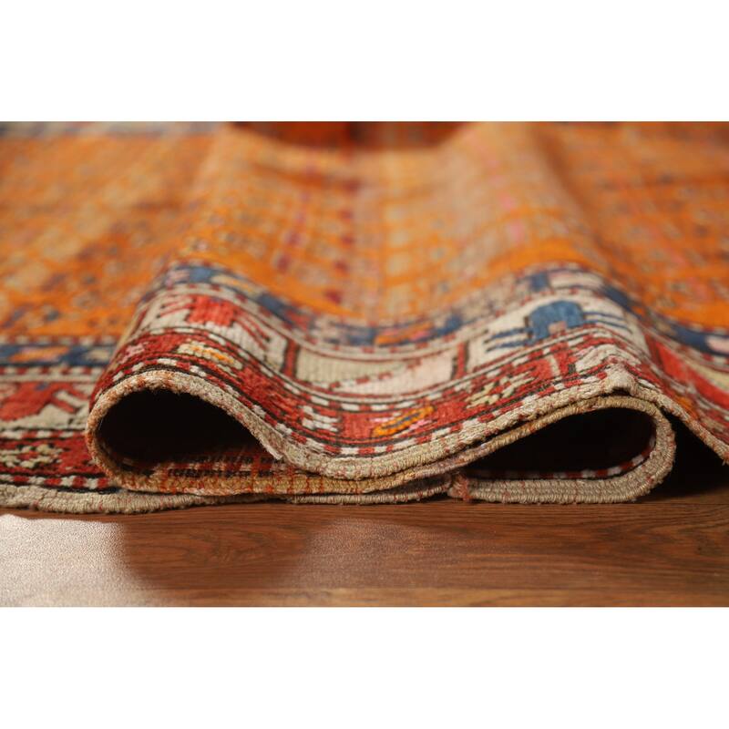 Hand Knotted Oriental 100% Wool Carpet Traditional Geometric Oranges & Rust Caucasian Runner Rug - 9' 3'' X 4' 0''