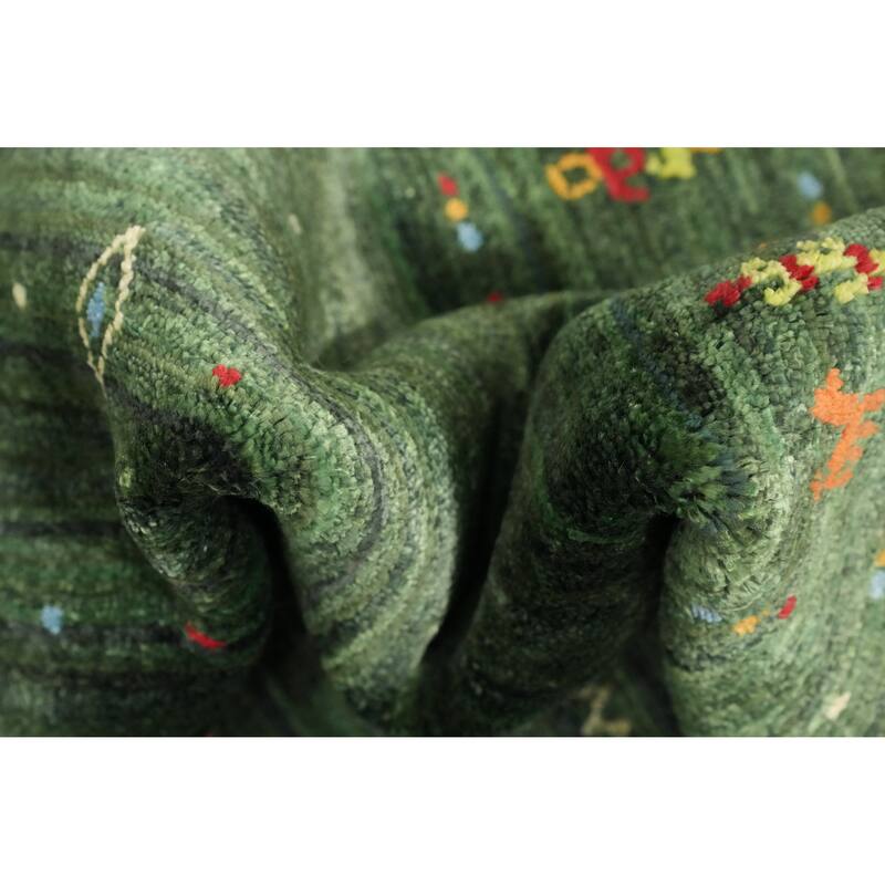 Hand Knotted Oriental Viscose Silk Carpet Tribal Animal Pictorial Green Gabbeh Runner Rug - 7' 5'' X 2' 10''
