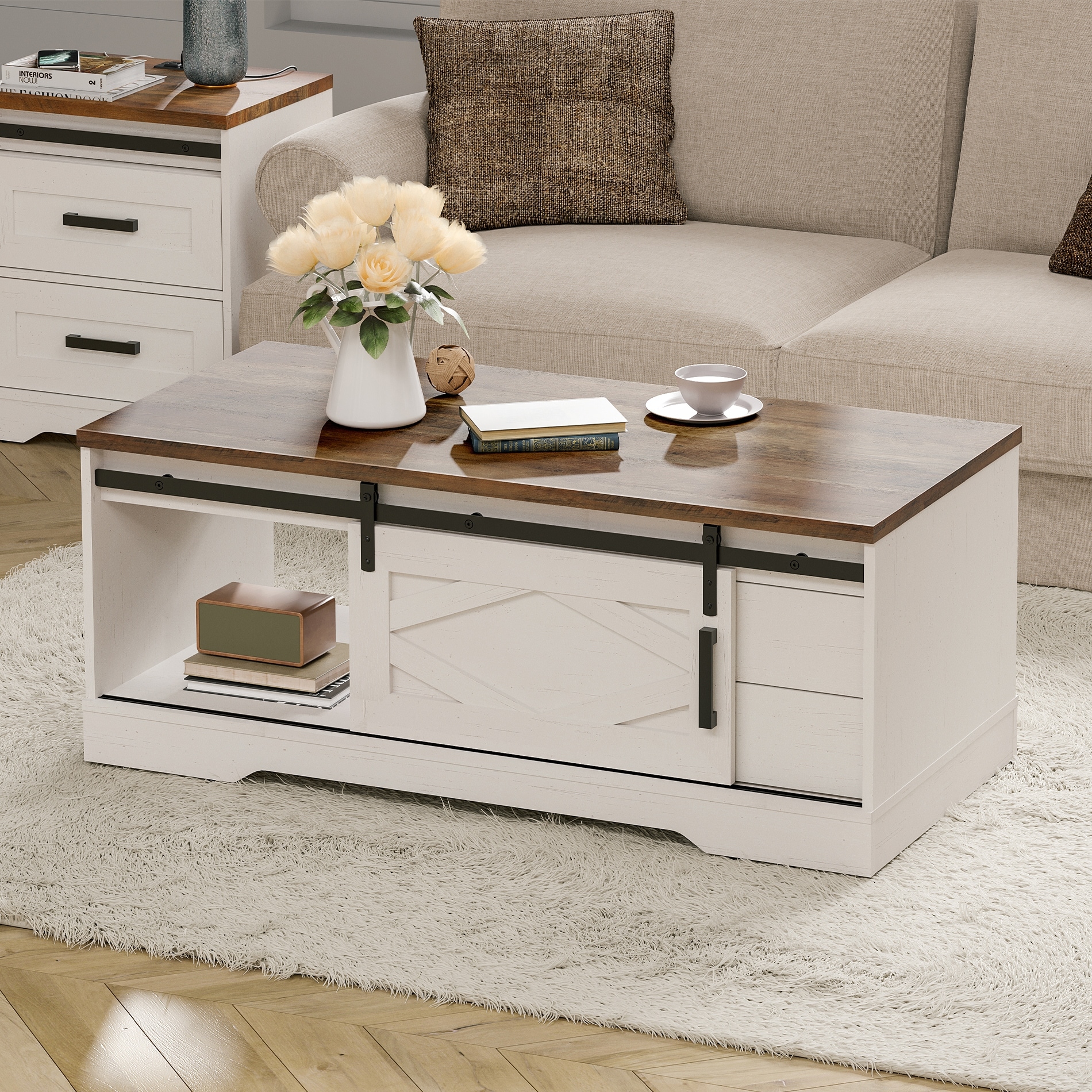 WAMPAT Farmhouse Coffee Table Rectangle Center Table 42 Inch