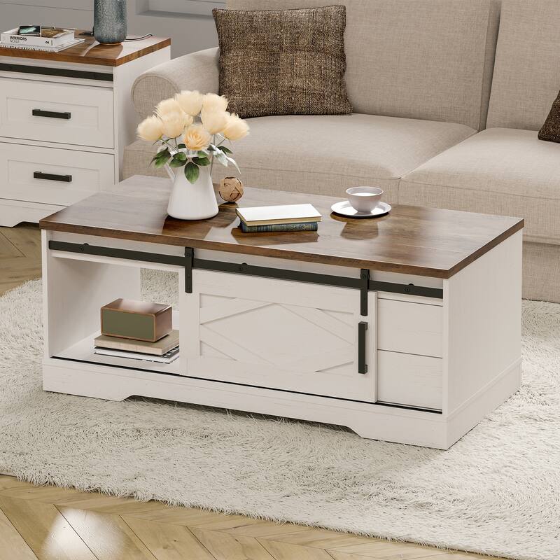 WAMPAT Rustic Coffee Table with Drawer and Storage