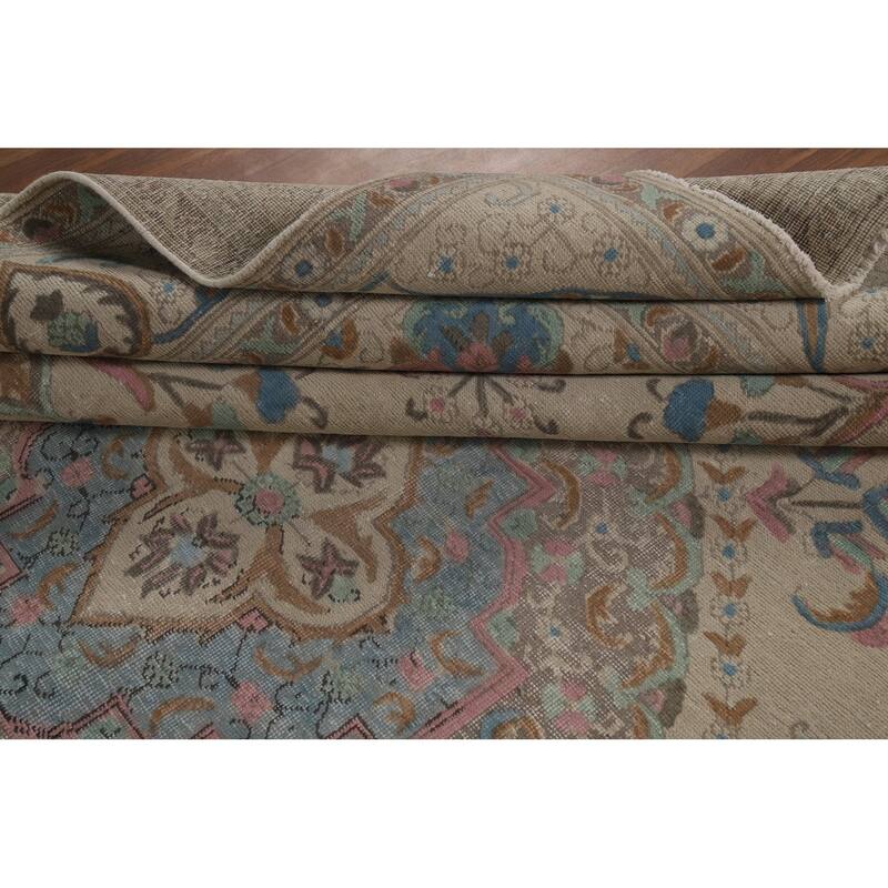 Floral Tabriz Persian Area Rug Oriental Hand-Knotted Beige Wool Carpet - 9'11"x 11'9"
