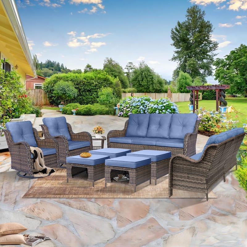 Wicker Outdoor Patio Conversation Seating Sofa Sets with Swivel Chairs - 9 Piece - Denim Blue