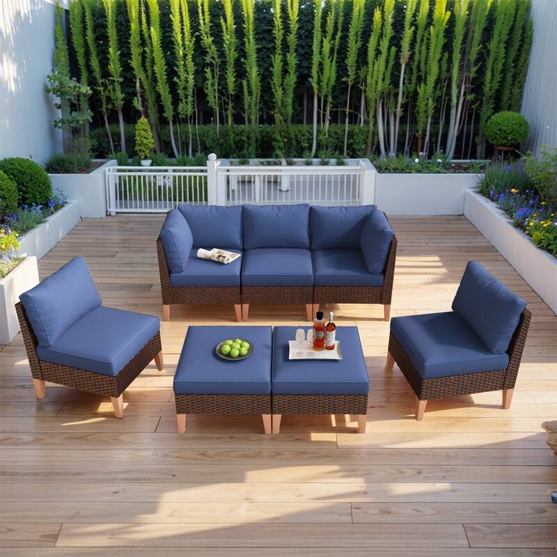 Pocassy 3-Seat Sofa Ottoman with Chairs - Blue - Brown
