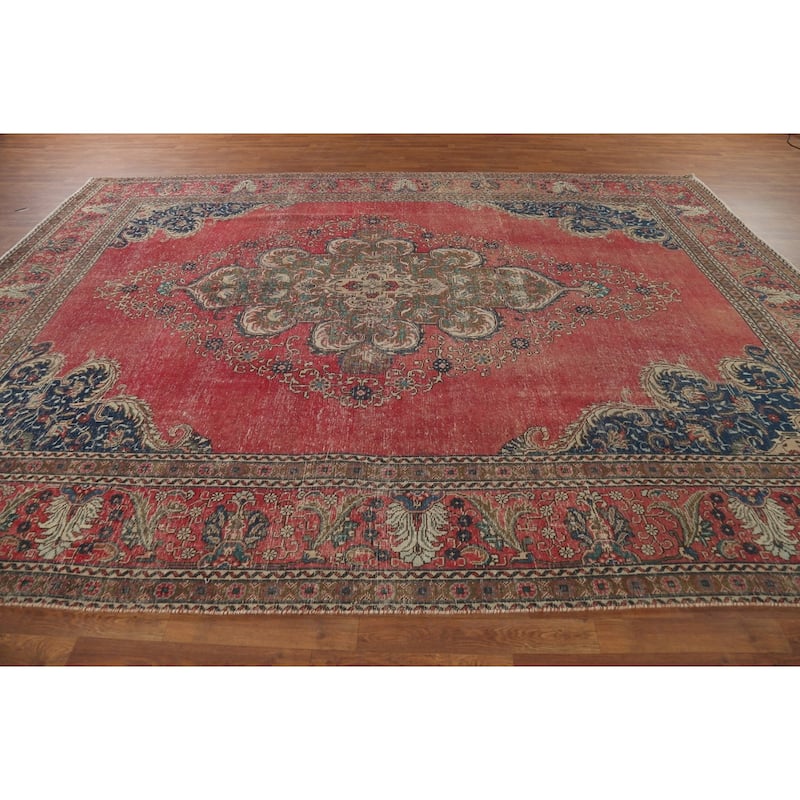 Distressed Tabriz Persian Vintage Rug Hand-Knotted Wool Carpet - 9'6"x 12'10"